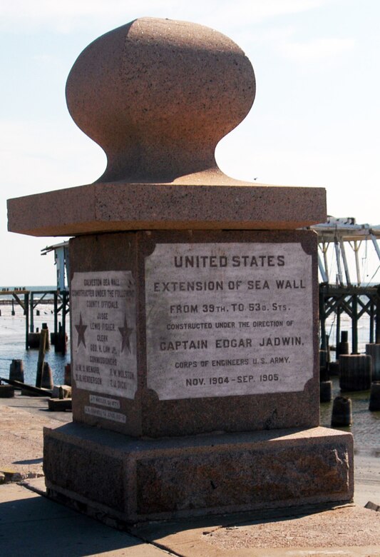 A pillar commemorating the Army Corps of Engineers' involvement in building the original Galveston Seawall remains standing after Hurricane Ike in September 2008.



