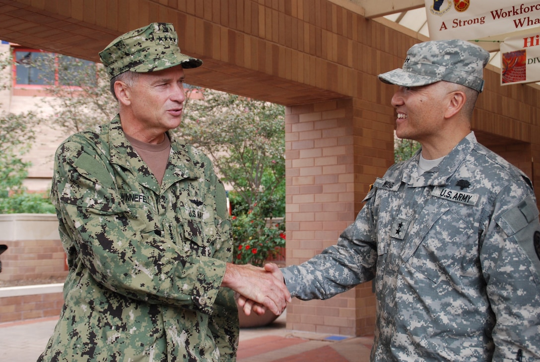 Navy Adm. James A. Winnefeld Jr., with Army Maj. Gen. M. Ted Wong, commander of Brooke Army Medical Center, in front of the San Antonio Military Medical Center in San Antonio, Oct. 12, 2012.  U.S. Army photo by Elaine Sanchez

