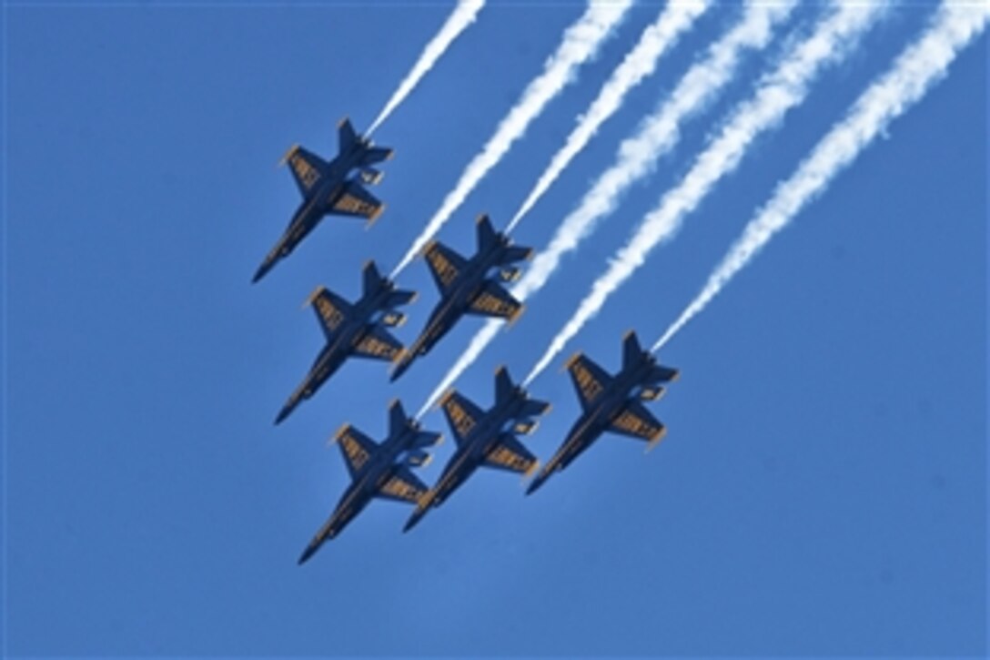 The Blue Angels, the Navy's demonstration squadron, fly in formation during the 2012 Marine Corps Air Station Miramar Air Show in San Diego, Oct. 12, 2012. The event is the largest military air show in the nation and coincides with Fleet Week activities in the city. 