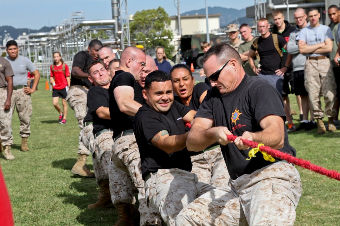 Marine Wing Support Squadron 171 Marines Airfield Operations Company compete in the tug-of-war event during the MWSS-171 quarterly field meet here at the IronWorks Gym Oct. 5, 2012. Air field operations company emerged as the overall victor despite having only approximately 25 competitors.