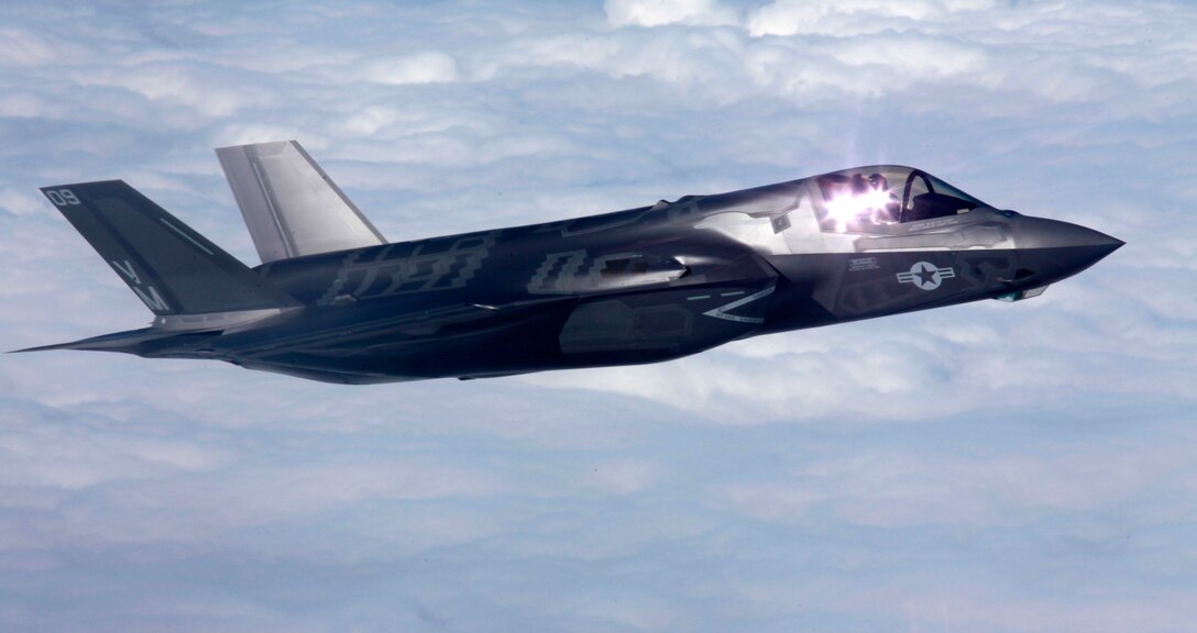 F-35B Joint Strike Fighters with Marine Fighter Attack Training Squadron 501 conduct aerial refueler training with a KC-130J Hercules with Marine Aerial Refueler Transport Squadron 252 Oct. 2in the sky near Eglin Air Force Base, Fla. It was the first time an operational Joint Strike Fighter had conducted air-to-air refueling. 