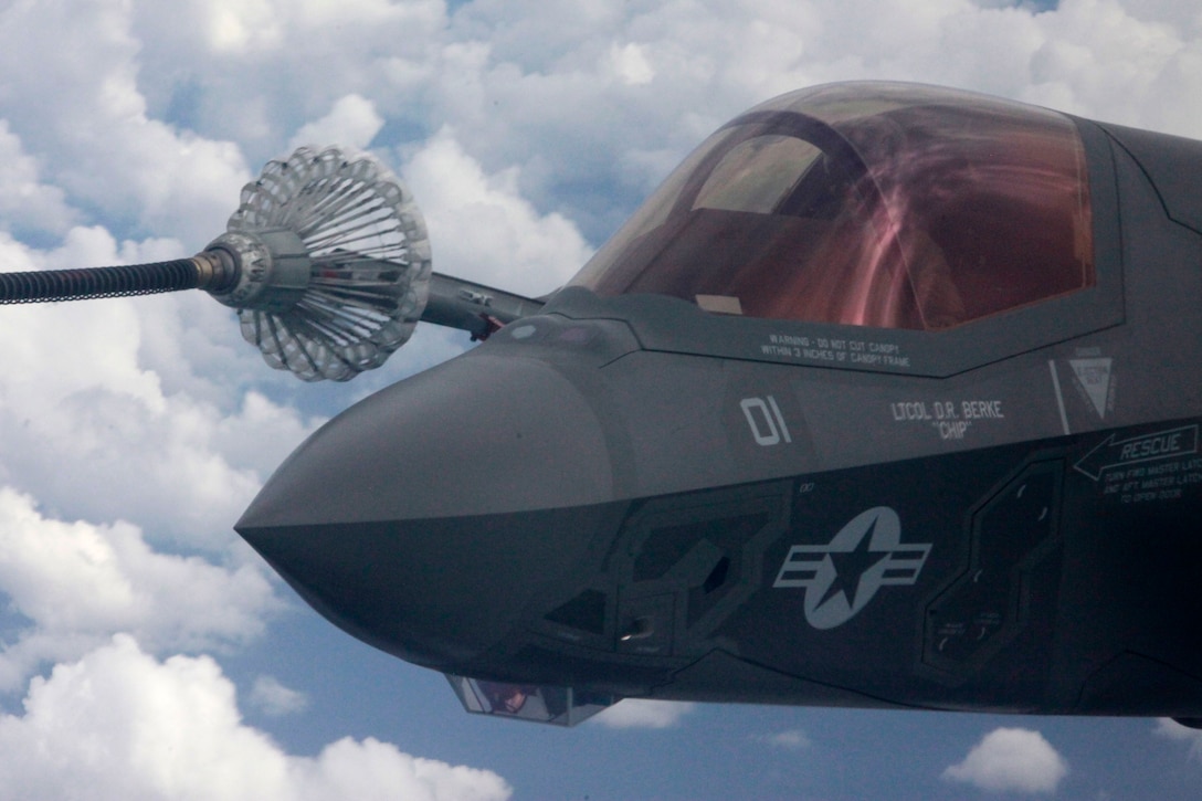 F-35B Joint Strike Fighters with Marine Fighter Attack Training Squadron 501 conduct aerial refueler training with a KC-130J Hercules with Marine Aerial Refueler Transport Squadron 252 Oct. 2in the sky near Eglin Air Force Base, Fla. It was the first time an operational Joint Strike Fighter had conducted air-to-air refueling. 