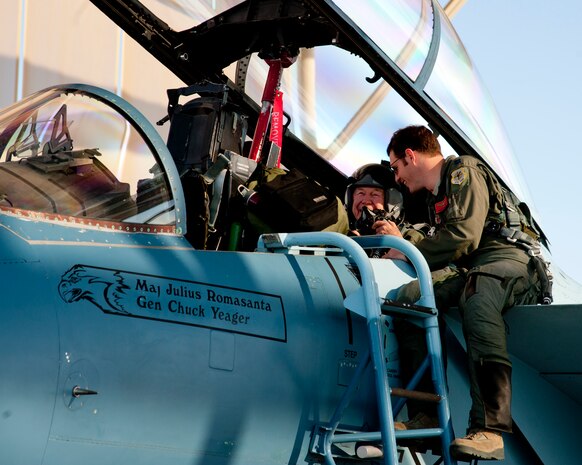 Capt. David Vincent, 65th Aggressor Squadron pilot, prepare for their flight in an F-15D Eagle Oct. 14, 2012, at Nellis Air Force Base, Nev. Yeager and Vincent are commemorating the 65th anniversary of Yeager's historic breaking of the sound barrier flight Oct. 14, 1947, in the Bell X-1 rocket research plane named "Glamorous Glennis." (U.S. Air Force photo by Master Sgt. Jason W. Edwards)