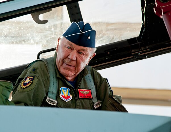 Retired United States Air Force Brig. Gen. Charles E. "Chuck" Yeager settles into the back seat of an F-15D Eagle from the 65th Aggressor Squadron Oct. 14, 2012, at Nellis Air Force Base, Nev. In a jet piloted by Capt. David Vincent, 65th AGRS pilot, Yeager is commemorating the 65th anniversary of his historic breaking of the sound barrier flight. Yeager flew eight flights in the Bell X-1 rocket research plane before becoming the first pilot to break the sound barrier Oct. 14, 1947. (U.S. Air Force photo by Master Sgt. Jason W. Edwards)
