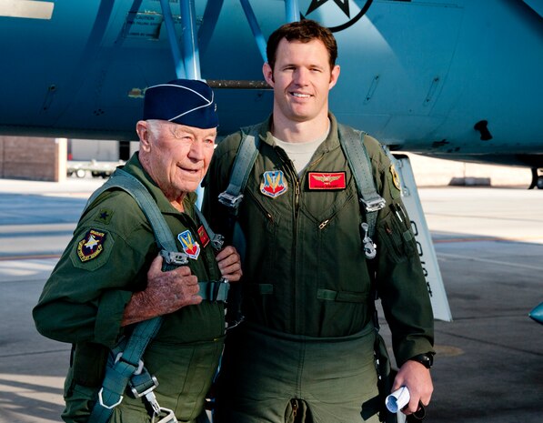 Retired United States Air Force Brig. Gen. Charles E. "Chuck" Yeager and Capt. David Vincent, 65th Aggressor Squadron pilot, prepare to climb into an F-15D Eagle Oct. 14, 2012, at Nellis Air Force Base, Nev. Yeager and Vincent are commemorating the 65th anniversary of General Yeager's historic breaking of the sound barrier flight Oct. 14, 1947, in the Bell X-1 rocket research plane. (U.S. Air Force photo by Master Sgt. Jason W. Edwards)