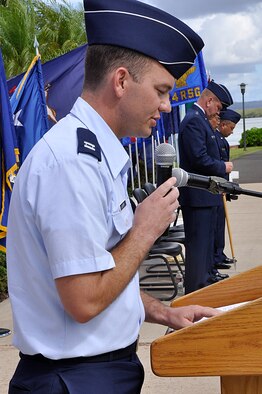 JOINT BASE PEARL HARBOR-HICKAM, Hawaii -- Chaplain (Capt.) Jason Barker gives the benediction during an assumption of command ceremony for the new 624th Regional Support Group commander Col. Max Mendoza held Sept. 8 at the Missing Man Formation, Aloha Aina Park, here. (Air Force photo by Master Sgt. Daniel Nathaniel III)