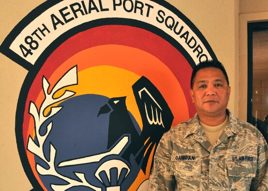 Master Sgt. Abner Ganigan, 48th Aerial Port Squadron air transportation superintendent (U.S. Air Force photo/Senior Airman Crystal Charriere)