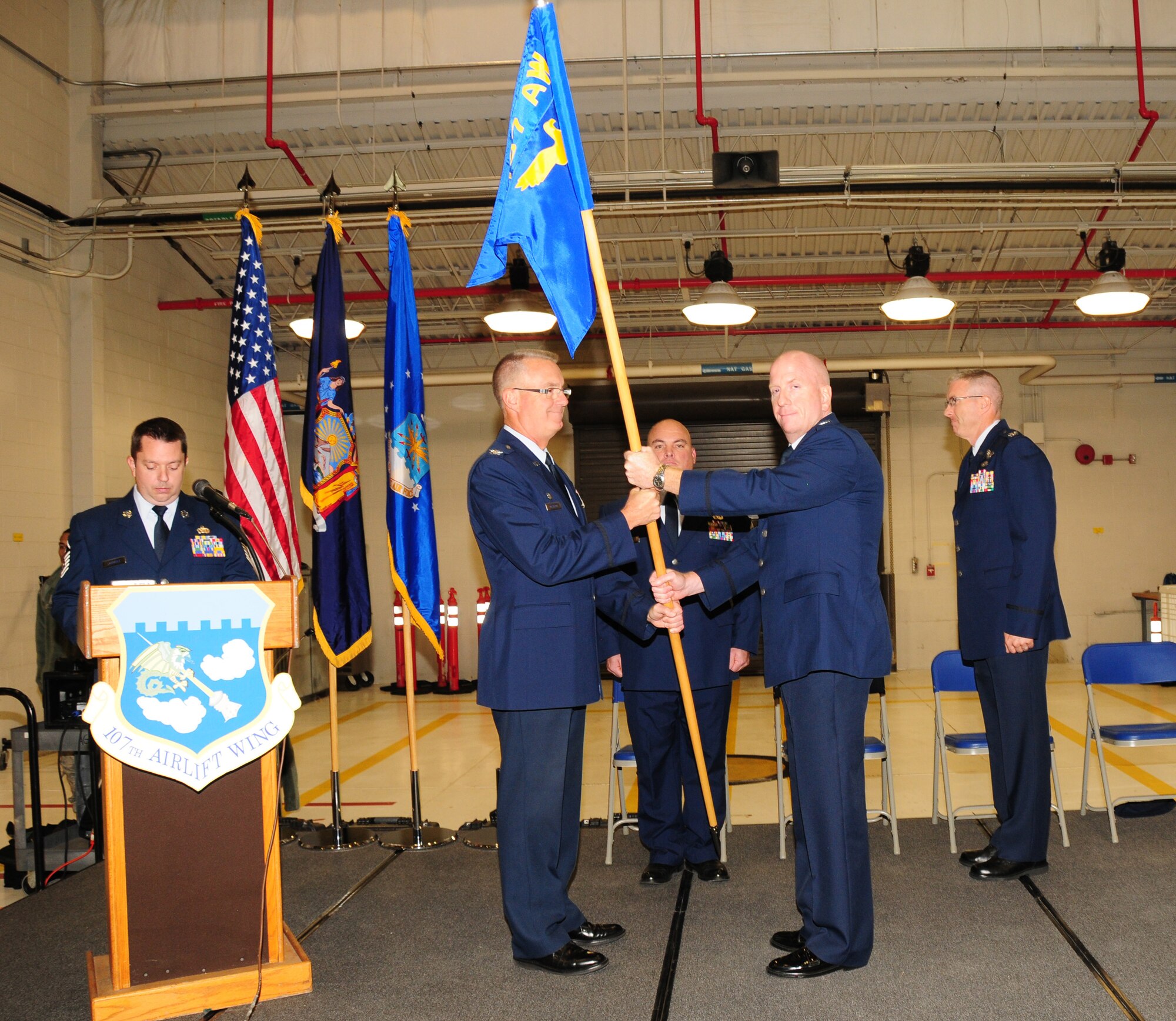 The 107th Maintenance Group received a new commander, Col. Kevin Rogers, the former deputy commander of the same group, as he moved up to his new position here Saturday. A change of command ceremony was held in which he was also promoted to colonel.Oct. 13, 2012 (U.S. Air Force Photo/Senior Master Sgt. Ray Lloyd)
