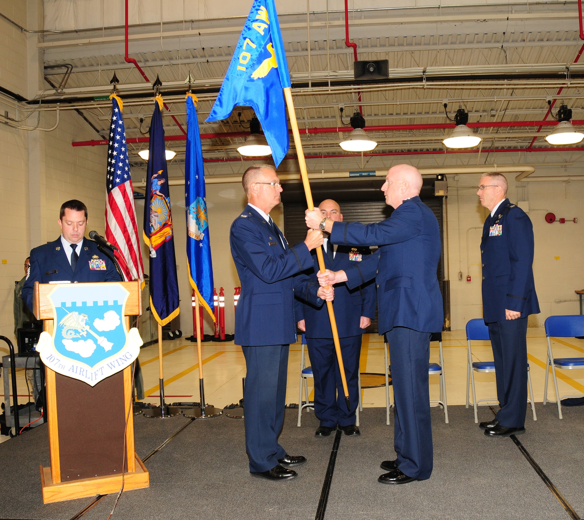 The 107th Maintenance Group received a new commander, Col. Kevin Rogers, the former deputy commander of the same group, as he moved up to his new position here Saturday. A change of command ceremony was held in which he was also promoted to colonel.Oct. 13, 2012 (U.S. Air Force Photo/Senior Master Sgt. Ray Lloyd)
