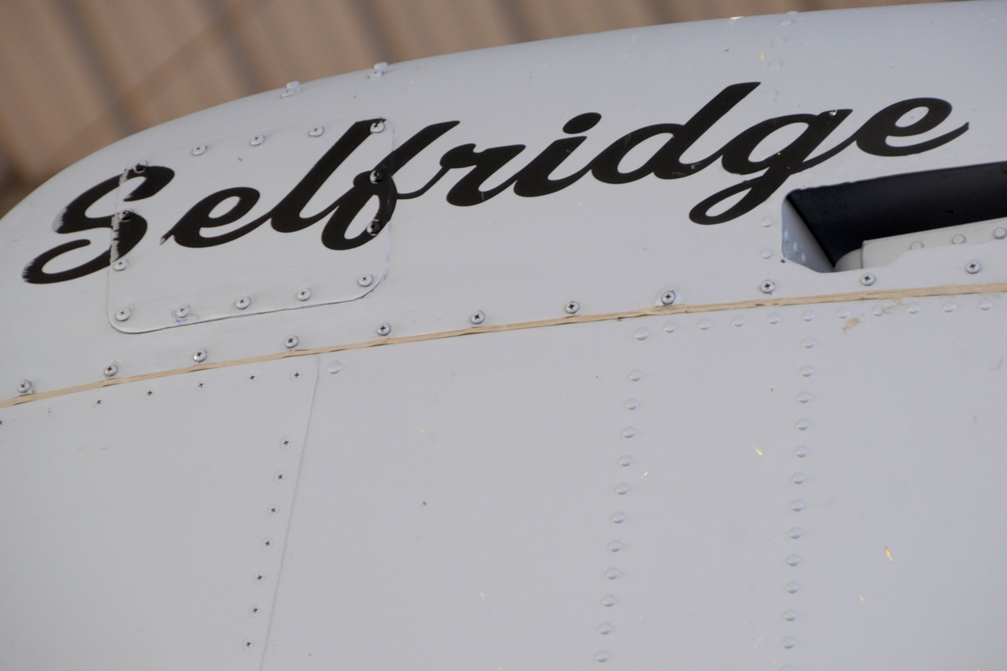 The name “Selfridge” graces the top engine cover on an A-10 Thunderbolt II based at Selfridge Air National Guard Base, Mich. Such markings on the aircraft help build unit esprit de corps. This A-10 is flown by the 107th Fighter Squadron and maintained by the 127th Maintenance Group. (Air National Guard photo by Brittani Baisden)