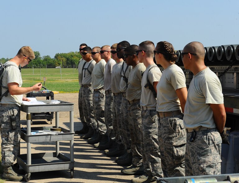 Tech. Sgt. Frederick Currie, 2nd Munitions Squadron munitions maintenance team chief, briefs his crew before the Mark-82 bomb build up for the 2012 Global Strike Challenge on Barksdale Air Force Base, La., Aug. 28. The 11-person team was evaluated in various areas of the build-up to include torque requirements, trailer loading procedures, technical order knowledge and safety procedures. (U.S. Air Force photo/ Airman 1st Class Benjamin Gonsier)