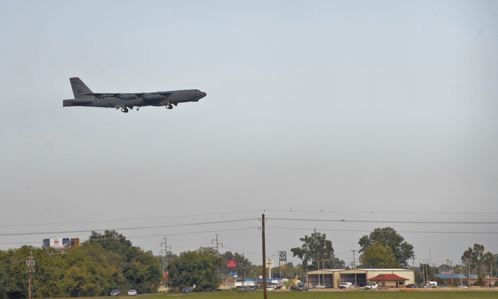 A B-52H Stratofortress flies over Barksdale Air Force Base, La., Oct. 15. The B-52 is a long-range, heavy, strategic bomber that has been operated by the United States Air Force since the 1950s. The bomber can carry up to 70,000 pounds of munitions and is capable of flying at high subsonic speeds at altitudes up to 50,000 feet. (U.S. Air Force photo/Senior Airman Kristin High)(RELEASED) 

