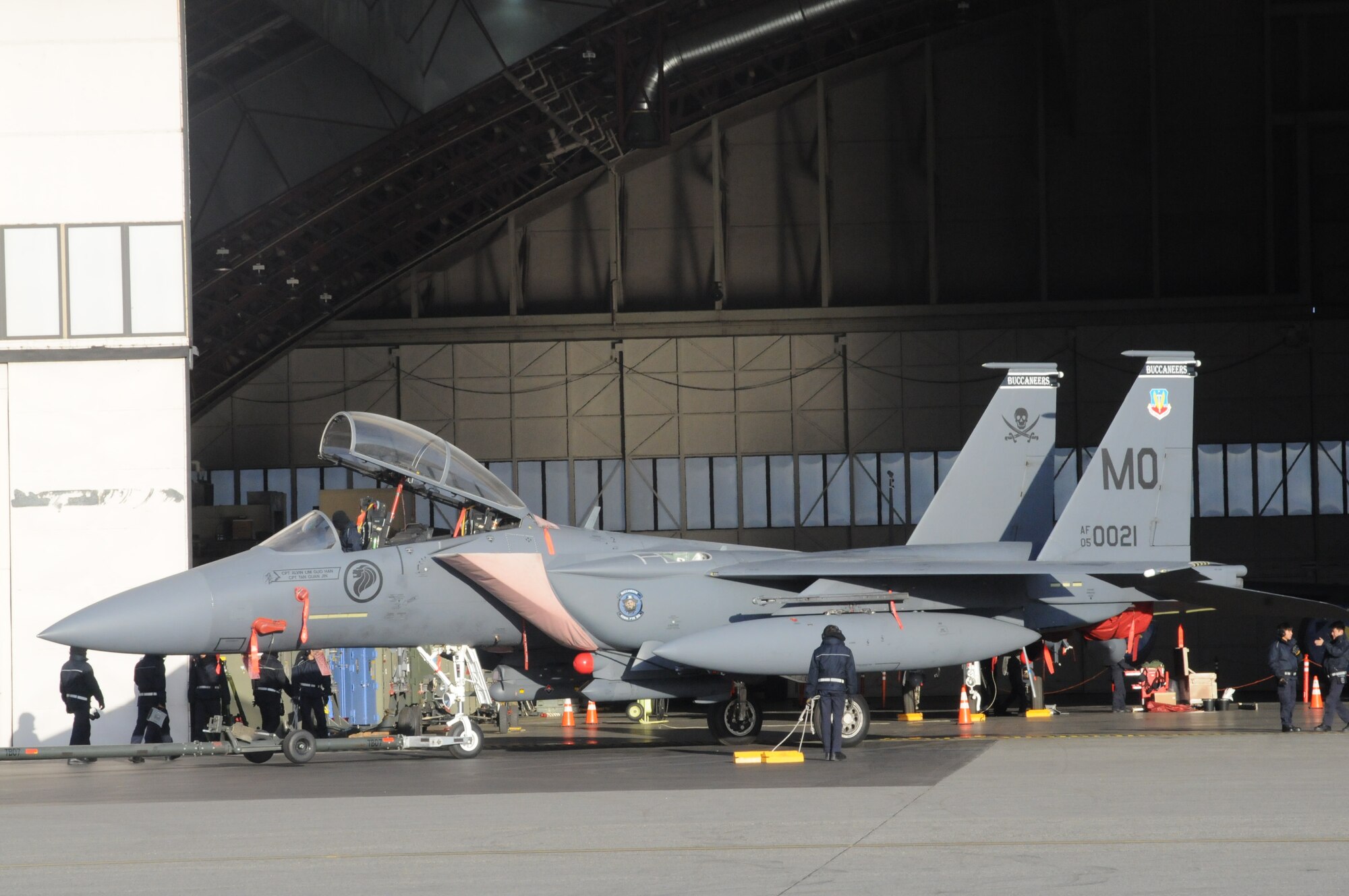 A Republic of Singapore Air Force F-15SG is towed inside a hangar for minor repairs Oct. 12, 2012, at Eielson Air Force Base, Alaska. The severe weather and rigorous flight schedule can sometimes cause minor issues requiring maintainers to pull the aircraft from daily operations until all safety checks and repairs have been accomplished. (U.S. Air Force photo/Senior Airman Benjamin Sutton/Released)