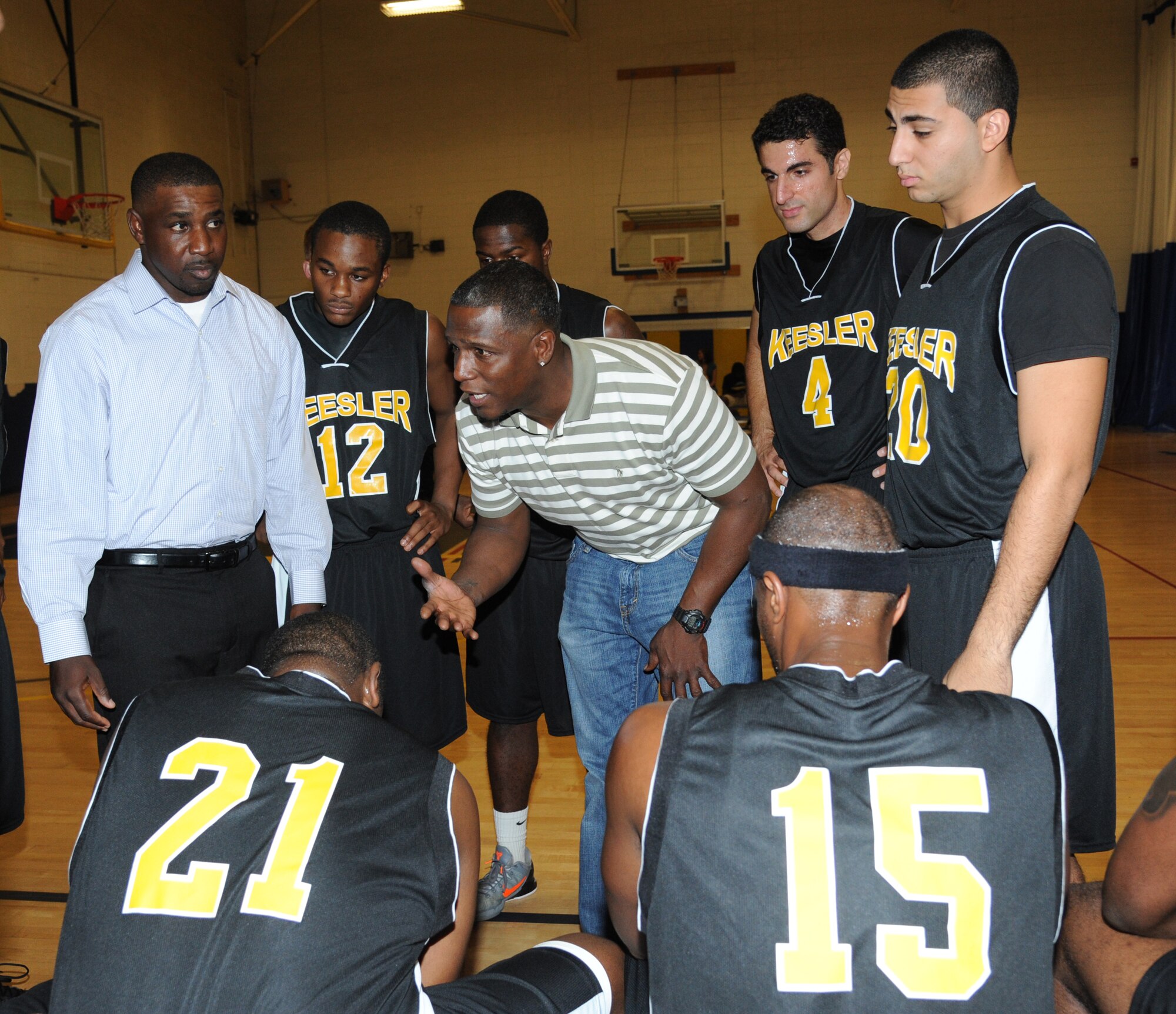 Jesse Harris, Keesler head coach, discusses court strategy with his team during the men’s varsity basketball game Oct. 13, 2012, at the Blake Fitness Center, Keesler Air Force Base.  Maxwell-Gunter defeated Keesler, 74-68.  The Keesler women’s varsity team played an exhibition game against the Mississippi Lady Storms.  Keesler defeated the Lady Storms 55-37.  (U.S. Air Force photo by Kemberly Groue)