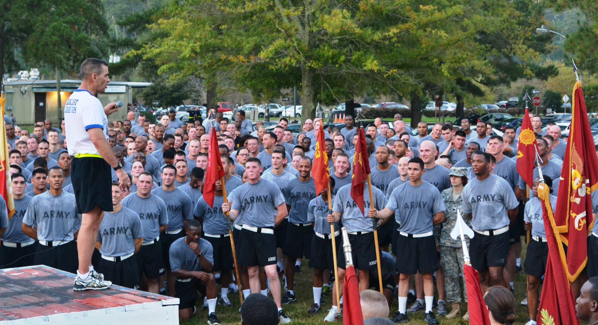U.S. Army Brig. Gen. Jeffrey N. Colt, 18th Airborne Corps deputy commanding general, speaks to Soldiers of the 7th Sustainment Brigade after a brigade run Oct 3. Colt came to Fort Eustis, Va., after recently becoming deputy commander, to check on the operational readiness of the brigade. (U.S. Army photo by Sgt. Edwin Junior Rodriguez / Released)