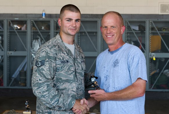 U.S. Air Force Chief Frank Batten, 23d Wing command chief, receives a first place trophy during a fire muster challenge at Moody Air Force Base, Ga., Oct. 12, 2012. Batten received the trophy for completing the Commander/Chief’s challenge with a final time of one minute, two seconds. (U.S. Air Force photo by Senior Airman Douglas Ellis/Released)
