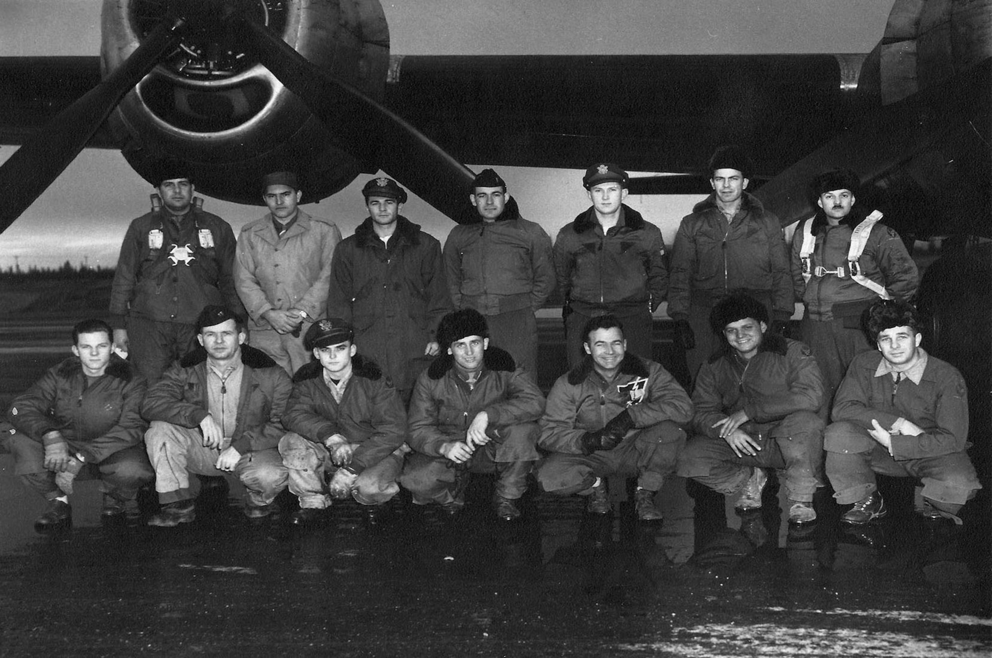 The crewmembers of the 46th Reconnaissance Squadron's mission to the North Pole pose before the flight Oct. 16, 1946. Back row from the left: Maj. Maynard E. White, Dr. Paul A. Siple, Lt. "Whit" Williams, Lt. G. Sturgis, Lt. Howard A. Mitchell, Lt. D.C. Atwill, Robert Davis. Front row from the left: Capt. L.G. Butler, Capt. Frank E. Ferrell, Lt. R.J. Perron, Sgt Victor E. Perry, Sgt. W.H. Kohlagen, Sgt. Ernest C. Stewart, Capt. G.J. Wagner. (Photo courtesy of Ken White)