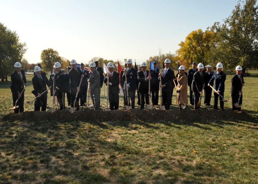 OFFUTT AIR FORCE BASE, Neb. -- Dignitaries from across the state of Nebraska and the Department of Defense formally break ground for the new home of U.S. Strategic Command here Oct. 12. The new $524.4 million, 915,876 square-foot facility will be located on the former Warrior Nine Golf Course and is expected to be completed in 2016. (Photo by Steve Cunningham)