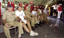 Members from 452nd Bombardment Group take a break while touring a KC-135 Stratotanker, during a reunion at March Field Sep. 8. This reunion was not just a gathering of old friends, but an award ceremony that was 60 years overdue. For their courageous actions during WWII, the group was awarded the Distinguished Service Award, later known as the Presidential Citation. (U.S. Air Force photo by Master Sgt. Carson Hampton)