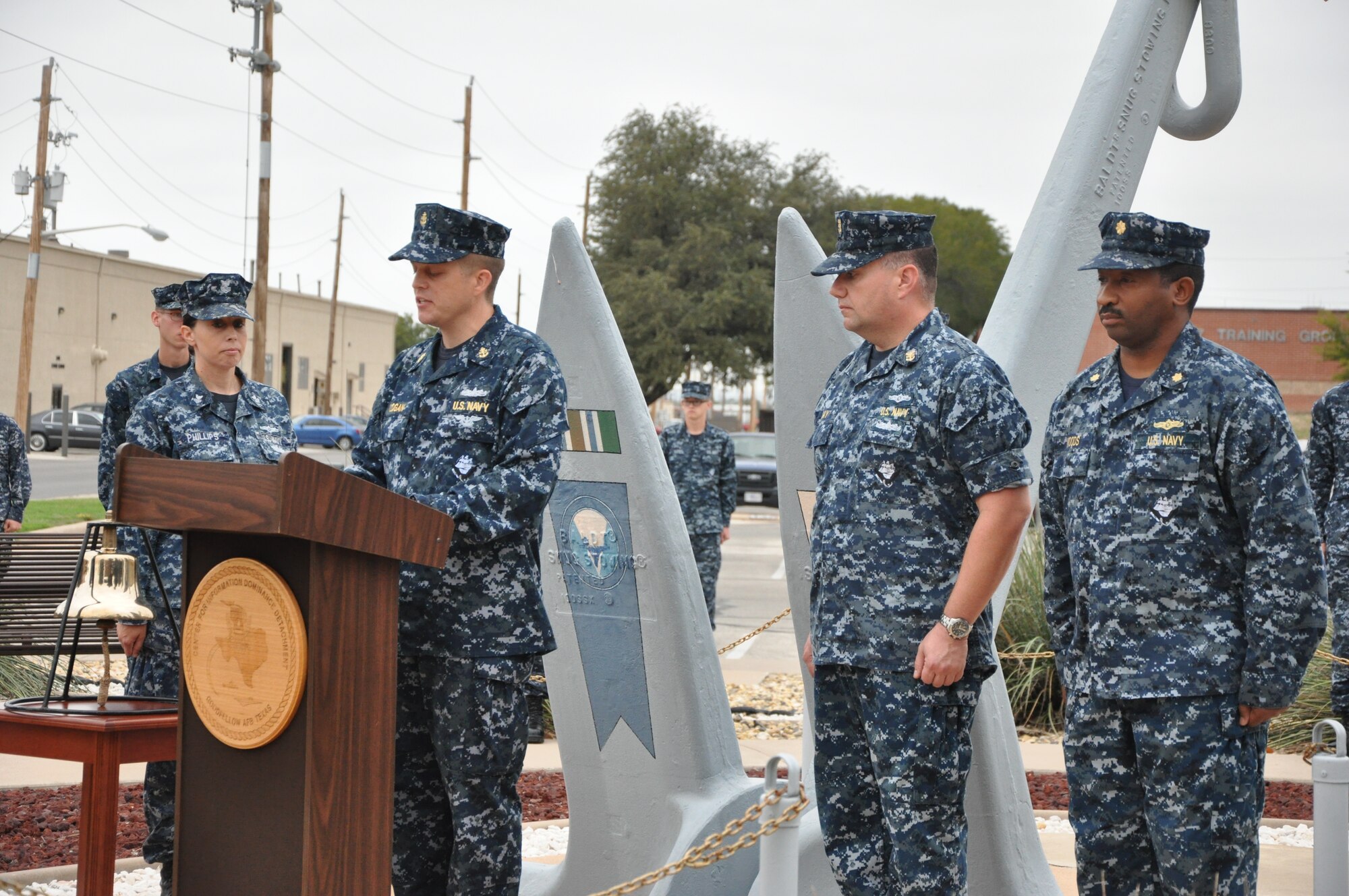 GOODFELLOW AIR FORCE BASE, Texas- Navy Chief Petty Officer Trever Logan, Center for Information Dominance Detachment, speaks of the rich history of the Navy at the celebration of the Navy’s 237th birthday Oct. 12, here. The U.S. Navy was established Oct.13, 1775 when the Continental Congress passed a resolution creating the Continental Navy. (U.S. Air Force photo/ Airman 1st Class Erica Rodriguez)