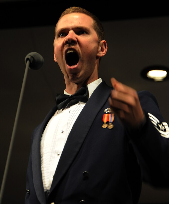 Tech. Sgt. Daniel Anderson, U.S. Air Force Band, Singing Sergeant, performs "Funiculi, Funicula" during a concert at the Reed L. Buffington Visual & Performing Arts Center, Hayward in Calif., Oct. 12. The concert was the first of the 2012 Fall Tour in which the band will perform in 14 different cities in 14 nights. The Singing Sergeants is one of the most versatile and travelled choral organizations in the world. (U.S. Air Force photo/ Staff Sgt. Keyonna Fennell) 