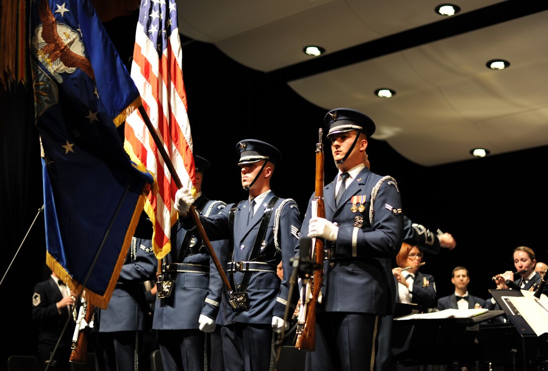 The U.S. Air Force Honor Guard presents the colors during the kick-off the first performance of the U.S. Air Force Band 2012 Fall at Chabot College in Hayward, Calif., Oct. 12. They will tour 14 cities between California and Arizona. (U.S. Air Force photo/ Staff Sgt. Keyonna Fennell)