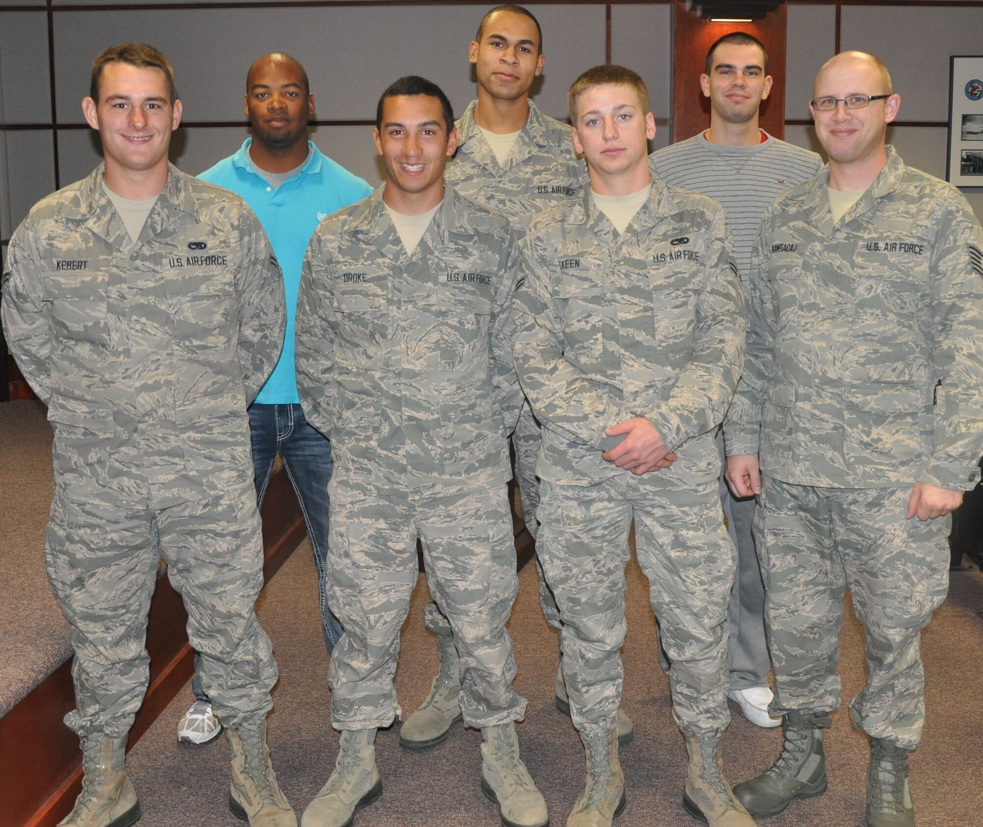 The 931st Air Refueling Group welcomed 13 new members during the October UTA. Each UTA newcomers receive briefings from various Group offices to make them aware of services available to them as members of the unit, as well as to help them transition into the 931st. New members are, back row, left to right, Tech. Sgt. Demon Brown, Airman Basic Trey Thomas, and Airman Basic Tylor Moore. Front row, left to right, are Airman 1st Class Jeff Kebert, Airman Basic Nick Oroke, Airman 1st Class Rilee Skeen and Tech. Sgt. Aaron Nawracaj.  (U.S. Air Force photo by Staff Sgt. Carrie M. Peasinger)

