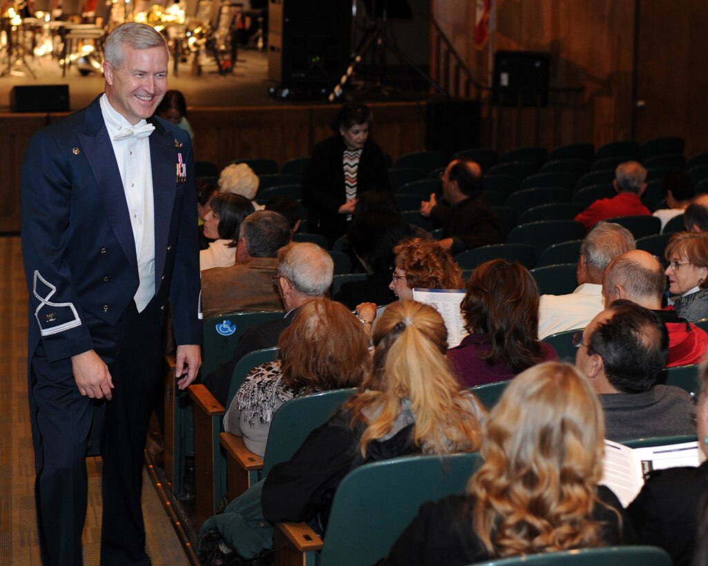 Col. Larry Lang, U.S. Air Force Band, commander and conductor interacts with the audience prior to the band’s performance in Hayward, Calif., Oct 12. The Air Force band travelled to Hayward as part of their 2012 fall tour. They will be performing in 14 different cities from Hayward, Calif., to Phoenix, Ariz. (U.S. Air Force photo/ Staff Sgt. Keyonna Fennell)