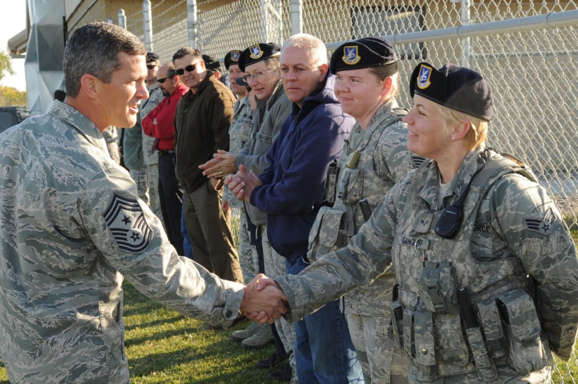 U.S. Air Force Chief Master Sgt. Richard Parsons, command chief master sergeant of Air Combat Command, meets with Gunfighter Defenders at Mountain Home Air Force Base, Idaho, Oct. 10, 2012. Parsons visited with many Airmen in several facilities to discuss budget and other current issues. (U.S. Air Force photo/Staff Sgt. Roy Lynch/RELEASED) 
