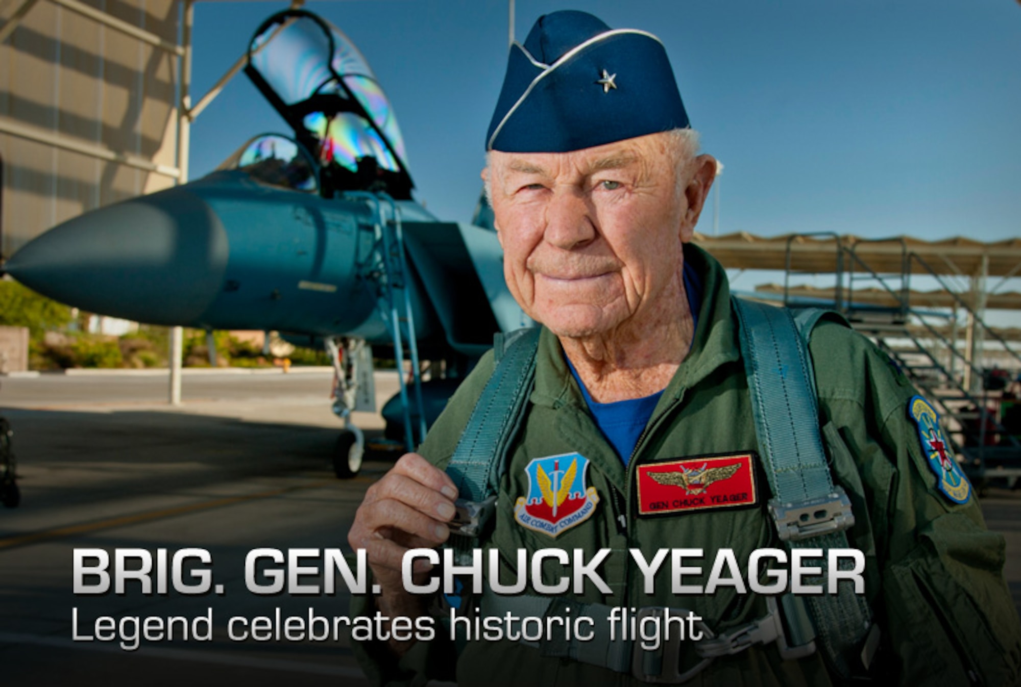 Retired United States Air Force Brig. Gen. Charles E. "Chuck" Yeager prepares to board an F-15D Eagle from the 65th Aggressor Squadron Oct. 14, 2012, at Nellis Air Force Base, Nev. In a jet piloted by Capt. David Vincent, 65th AGRS pilot, Yeager is commemorating the 65th anniversary of his historic breaking of the sound barrier flight Oct. 14, 1947, in the Bell X-1 rocket research plane named "Glamorous Glennis." Yeager was awarded the prestigious Collier Trophy in 1948 for this landmark aeronautical achievement. (U.S. Air Force graphic)
