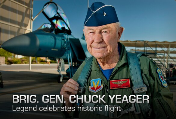 Retired United States Air Force Brig. Gen. Charles E. "Chuck" Yeager prepares to board an F-15D Eagle from the 65th Aggressor Squadron Oct. 14, 2012, at Nellis Air Force Base, Nev. In a jet piloted by Capt. David Vincent, 65th AGRS pilot, Yeager is commemorating the 65th anniversary of his historic breaking of the sound barrier flight Oct. 14, 1947, in the Bell X-1 rocket research plane named "Glamorous Glennis." Yeager was awarded the prestigious Collier Trophy in 1948 for this landmark aeronautical achievement. (U.S. Air Force graphic)
