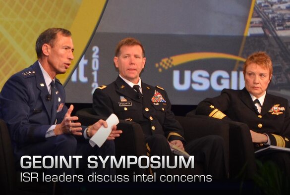 Lt. Gen. Larry James (left) addresses attendees at the 2012 GEOINT Symposium, Oct. 11 here. James, the Air Force deputy chief of Intelligence, Surveillance and Reconnaissance, was joined by Maj. Gen. Steve Fogarty (center), commanding general of U.S. Army Intelligence and Security Command; Rear Adm. Sandy Daniels (right), Senior Advisor for Space to the Deputy Chief of Naval Operations for Information Dominance and Phillip C. Chuboda (not pictured), assistant director of intelligence for the U.S. Marine Corps. (U.S. Air Force photo by Susan A. Romano)