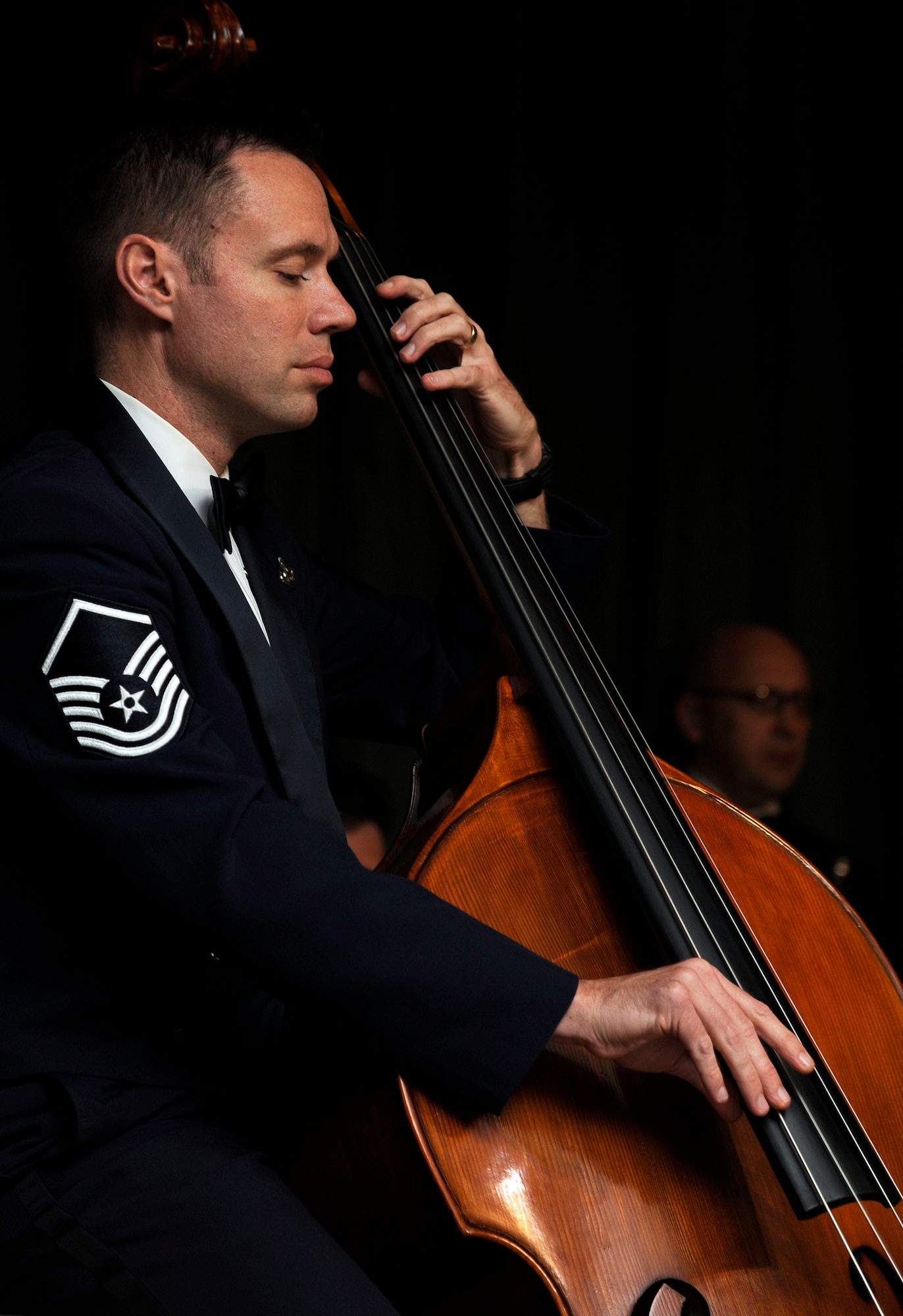 A member of the U.S. Air Force Band of the Pacific-Asia entertains attendees during the 65th Annual Air Force Ball celebration as he plays the bass violin at Misawa Air Base, Japan, Oct. 13, 2012. Misawa Air Base held an official celebration at the collocated club to commemorate the Air Force's 65th birthday. (U.S. Air Force photo by Tech. Sgt. Marie Brown)