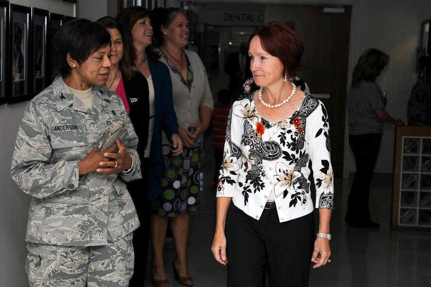 U.S. Air Force Col. Bernadette Anderson, left, 35th Medical Group commander, briefs Marci Angelella, wife of Lt. Gen. Sam Angelella, U.S. Force Japan, 5th Air Force commander, on current operations within the 35 MDG during a facility tour at Misawa Air Base, Japan, Oct. 11, 2012. Angelella’s are revisiting the base where Angelella served as the 35th Fighter Wing commander from 2005-2007. (U.S. Air Force photo by Tech. Sgt. Marie Brown))
