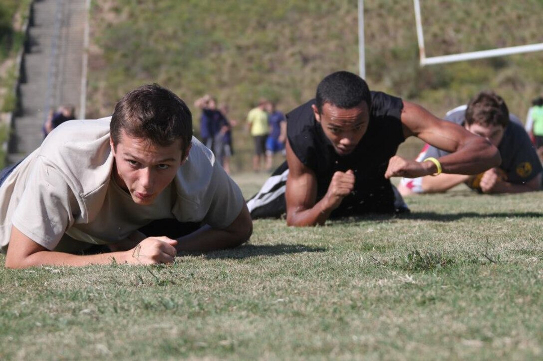 The future Marines of Recruiting Substations Columbia and Lexington, Recruiting Station Columbia, negotiate the Combat Fitness Challenge Oct. 13 at White Knoll High School in Lexington, S.C. The event tested the enlistees’ mental and physical fitness in preparation for Marine Corps Recruit Training. (Marine Corps photo by Sgt. Aaron Rooks)
