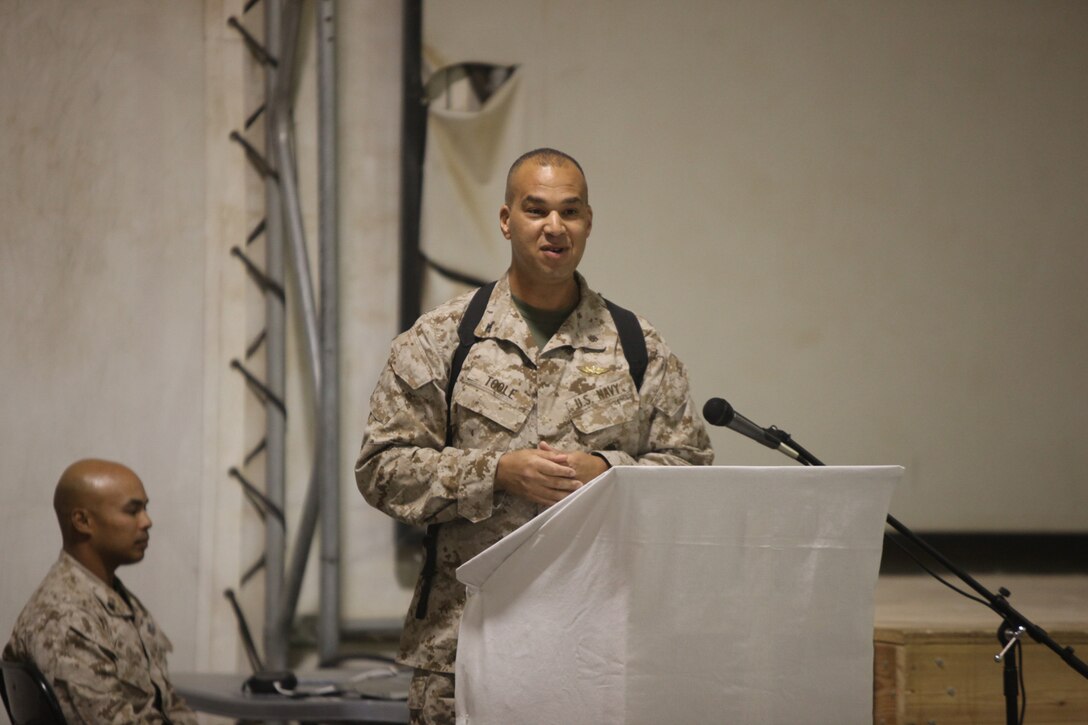 Guest of honor Navy Capt. Theron C. Toole, 3rd Marine Aircraft Wing (Forward) Surgeon, speaks to those in attendance celebrating the 237th birthday of the United States Navy on Camp Leatherneck, Afghanistan, Oct. 13, 2012. â€œItâ€™s a lot of pride because it reinforces that youâ€™re apart of something thatâ€™s bigger than you,â€ said Toole, III a 23-year veteran of the Navy.