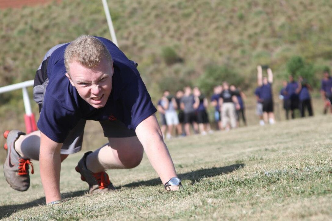 The future Marines of Recruiting Substations Columbia and Lexington, Recruiting Station Columbia, negotiate the Combat Fitness Challenge Oct. 13 at White Knoll High School in Lexington, S.C. The event tested the enlistees’ mental and physical fitness in preparation for Marine Corps Recruit Training. (Marine Corps photo by Sgt. Aaron Rooks)