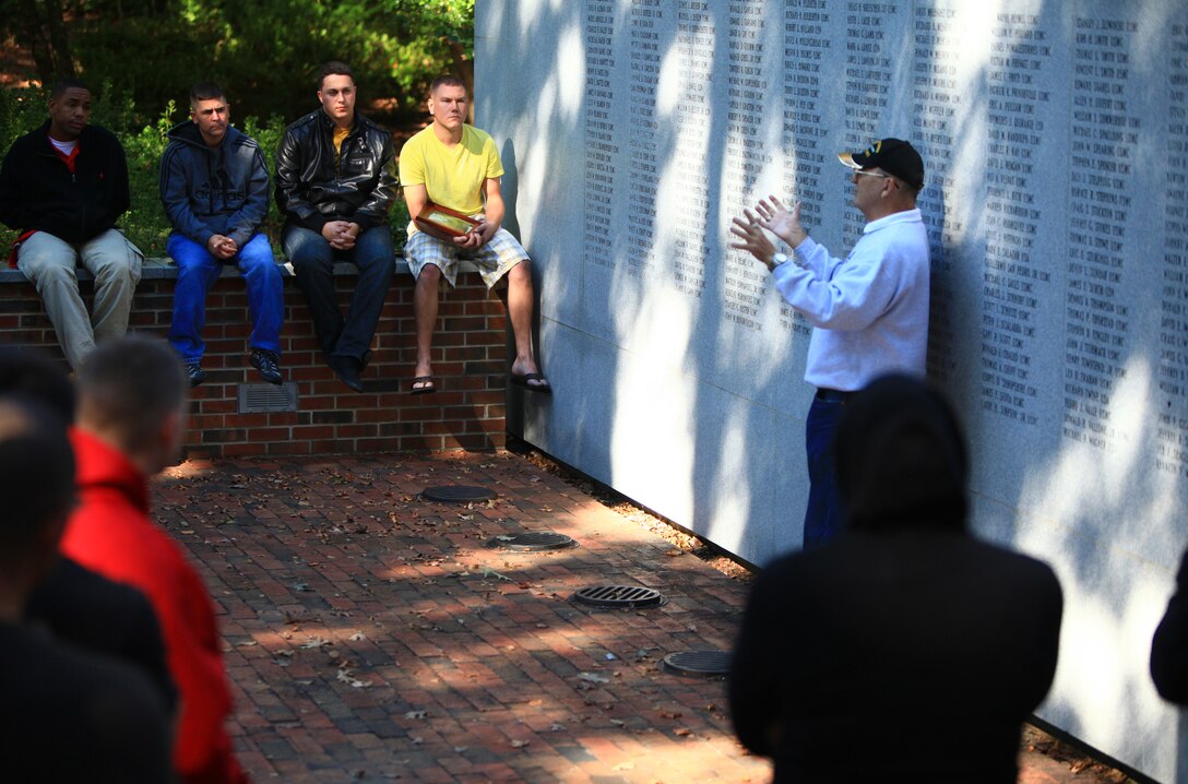 Richard L. Ray, a retired gunnery sergeant, describes what it was like to serve during the bombing of the Marine barracks in Beirut, Lebanon, which killed 241 American servicemembers, Oct. 23, 1983. Marines with Combat Logistics Battalion 6, 2nd Marine Logistics Group visited the Beirut Memorial Oct. 11, 2012, to learn about the legacy of Beirut from Ray, who regularly takes time to share his own experiences in Lebanon with the current generation of Marines. 