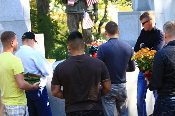 Marines with Combat Logistics Battalion 6, 2nd Marine Logistics Group lay flowers and a wreath at the Beirut Memorial near Camp Lejeune, N.C., Oct. 11, 2012. The Marines visited the memorial to learn about the aftermath of the 1983 terrorist bombing of the Marine barracks in Beirut, Lebanon, and spoke with a Marine veteran that served in the conflict there. 