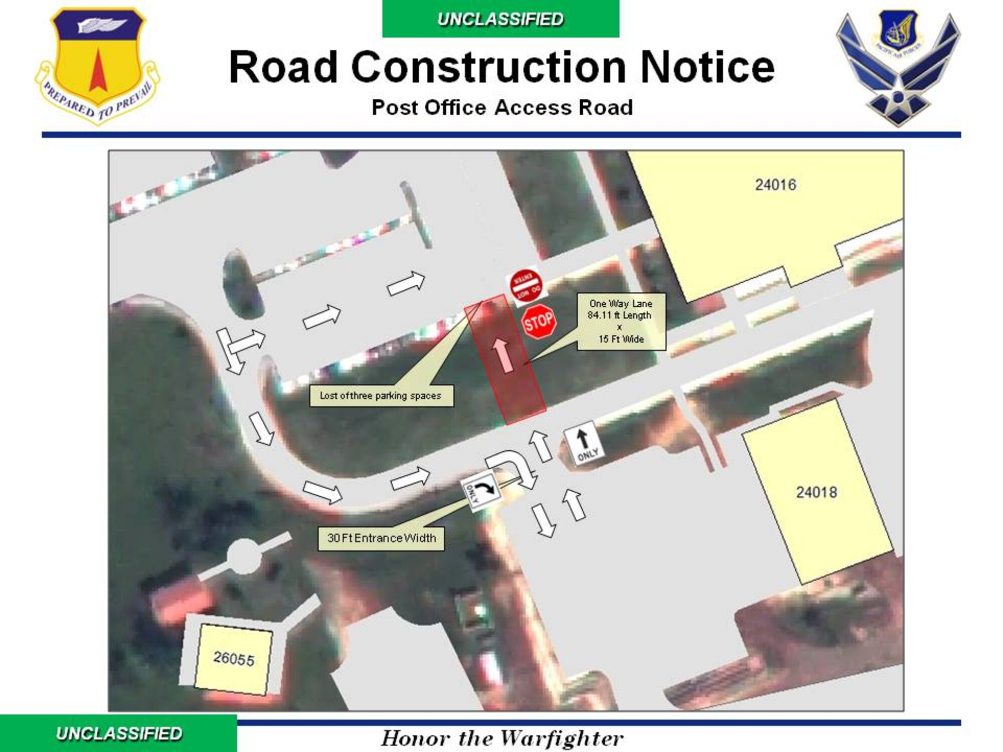 Please note the 36th Civil Engineering Squadron is conducting a full road closure at the front entrance of the Post Office parking lot from the Base Exchange until Friday, November 2. Customers needing access to the Post Office will need to use the access road from Davis Avenue until the new road is complete. (Courtesy graphic/Released)