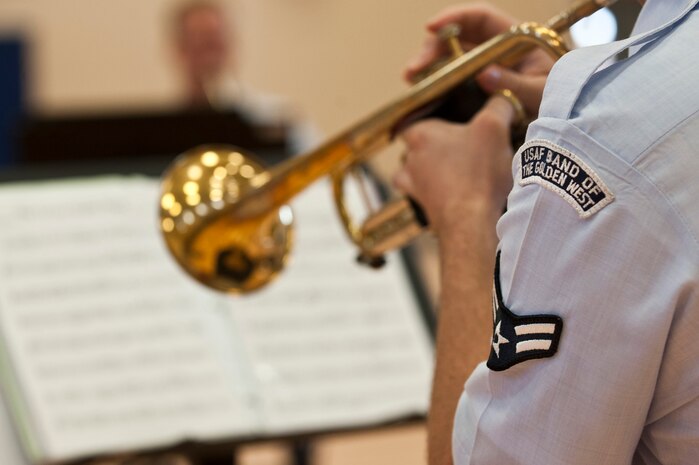 Airman 1st Class George Brahler, Air Mobility Command regional band apprentice, performs for the Nellis Youth Center Oct. 12, 2012, at Nellis Air Force Base, Nev. Brahler has been playing trumpet since he was 11 years old. (U.S. Air Force photo by Airman 1st Class Jason Couillard)