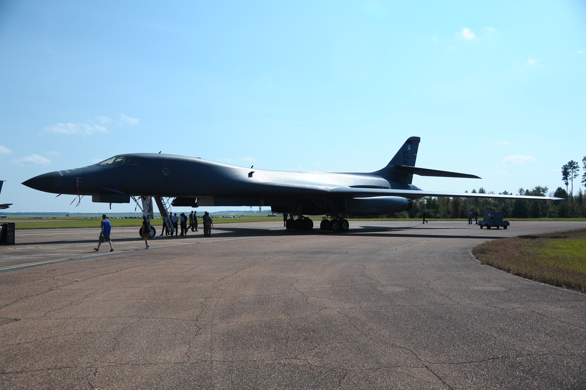 A B-1 from Ellsworth Air Force Base, S.D. awaits pilots interesting in learning the fundamentals of the aircraft during Career Day at Columbus Air Force Base Oct. 13 on the flight line.  Career Day is a day in which aircraft from bases around the country fly in to give future pilots a better perspective of their potential careers.  (U.S. Air Force Photo/Airman 1st Class Charles Dickens)