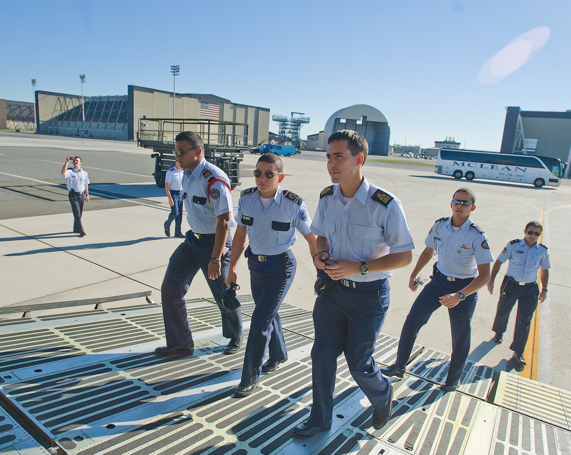 Latin American cadets walk up the ramp of a C-5 Super Galaxy Oct. 11, 2012, at Dover Air Force Base, Del. The cadets visited the U.S. as part of the Latin American Cadets Initiative sponsored by the Secretary of the Air Force International Affairs Staff. 