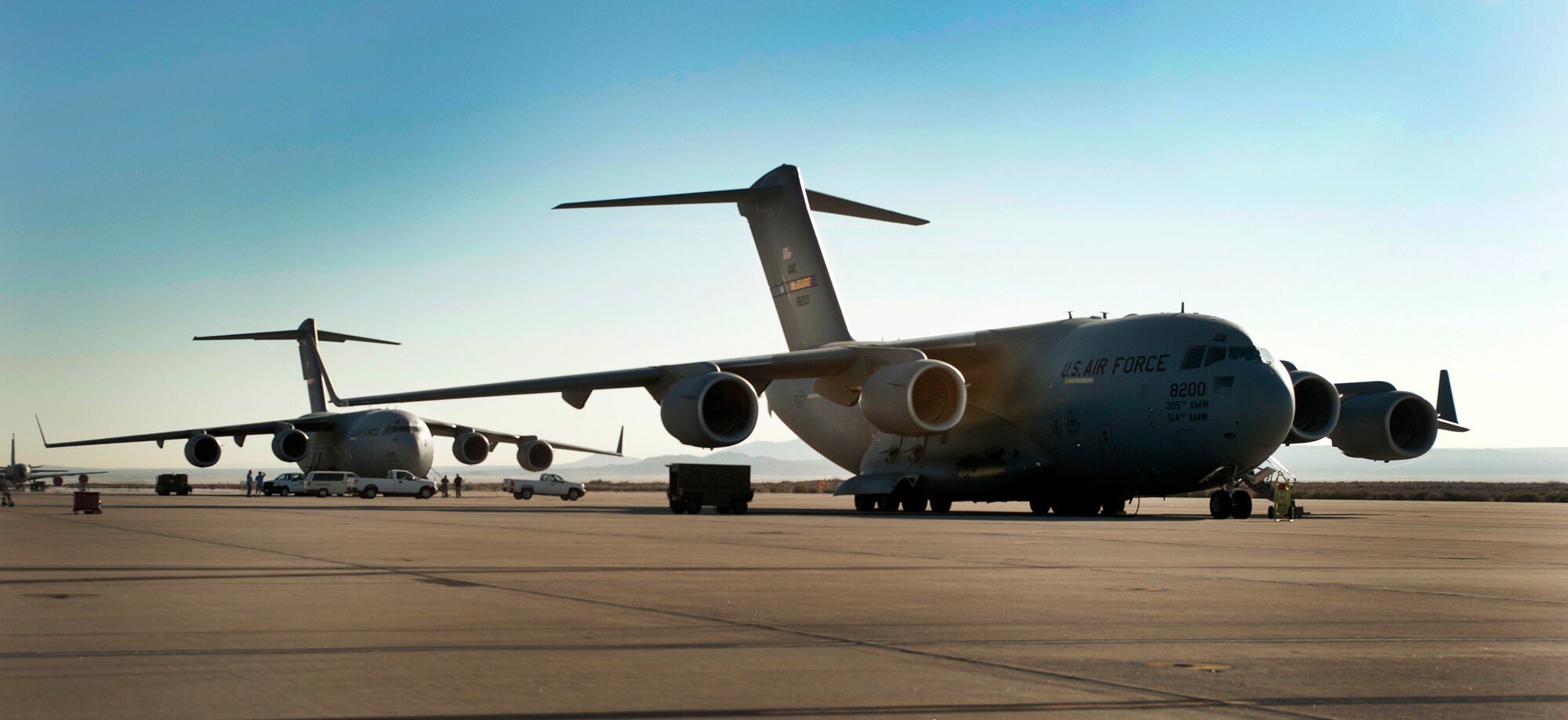 The first C-17 flight tests employing “vortex surfing” were conducted at Edwards Air Force Base, Calif., Sept. 6 and Oct. 2, 2012. Surfing Aircraft Vortices for Energy, or $AVE, involves two or more aircraft flying together for a reduced drag effect to save fuel. (U.S. Force photo by Ethan Wagner)