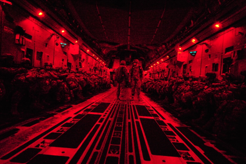 U.S. Army soldiers from the 82nd Airborne Division, Fort Bragg, N.C., prepare to be air dropped from a C-17A Globemaster III, Oct. 9, 2012, during Joint Operational Access Exercise. JOAX is a two-week exercise to prepare Air Force and Army service members to respond to worldwide crisis and contingencies. (U.S. Air Force photo/ Staff Sgt. Elizabeth Rissmiller)