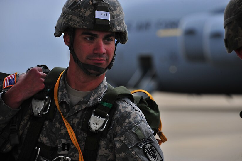 A U.S. Army soldier from the 82nd Airborne Division, Fort Bragg, N.C., boards a C-17A Globemaster III prior to a personnel drop during a Joint Operational Access Exercise, Oct. 9, 2012. JOAX is a two-week exercise to prepare Air Force and Army service members to respond to worldwide crisis and contingencies. (U.S. Air Force photo/ Staff Sgt. Elizabeth Rissmiller)