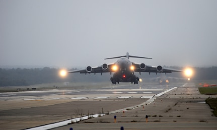 A U.S. Air Force C-17 Globemaster III takes off during a Joint Operational Access Exercise, Fort Bragg, N.C., Oct. 9, 2012. JOAX is a two-week exercise to prepare Air Force and Army service members to respond to worldwide crisis and contingencies. (U.S. Air Force photo/ Master Sgt. Joanna Hensley)