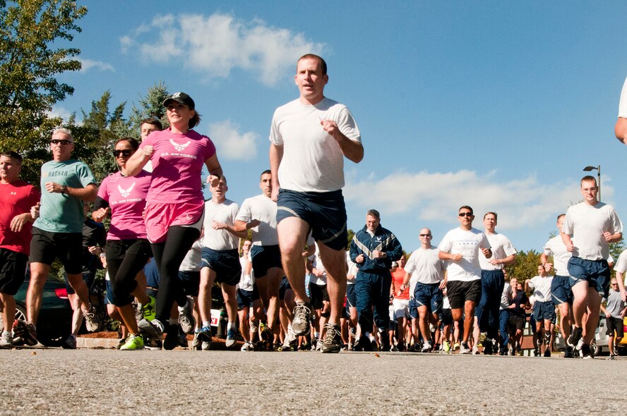 HANSCOM AIR FORCE BASE, Mass. – More than 90 members of the Hanscom community begin the Combined Federal Campaign 5K and 10K run outside the Minuteman Commons Oct. 11 as part of a fundraising effort for the CFC. The event also included a pumpkin pie-in-the-face fundraiser, chili cook-off, cotton candy sale and a themed basket auction. More than $2,300 was raised. (U.S. Air Force photo by Mark Wyatt)