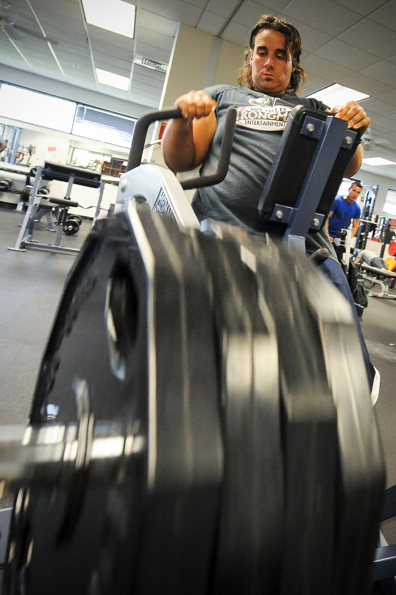 Mark Kirsch, strong man for "Man vs. Jumbo Jets", works out at Moody Air Force Base, Ga., Oct. 5, 2012. The workouts allow Kirsch to maintain muscular strength in between shows for where he pulls various objects that can weigh up to 75,000 pounds. (U.S. Air Force photo by Staff Sgt. Joshua J. Garcia/Released)