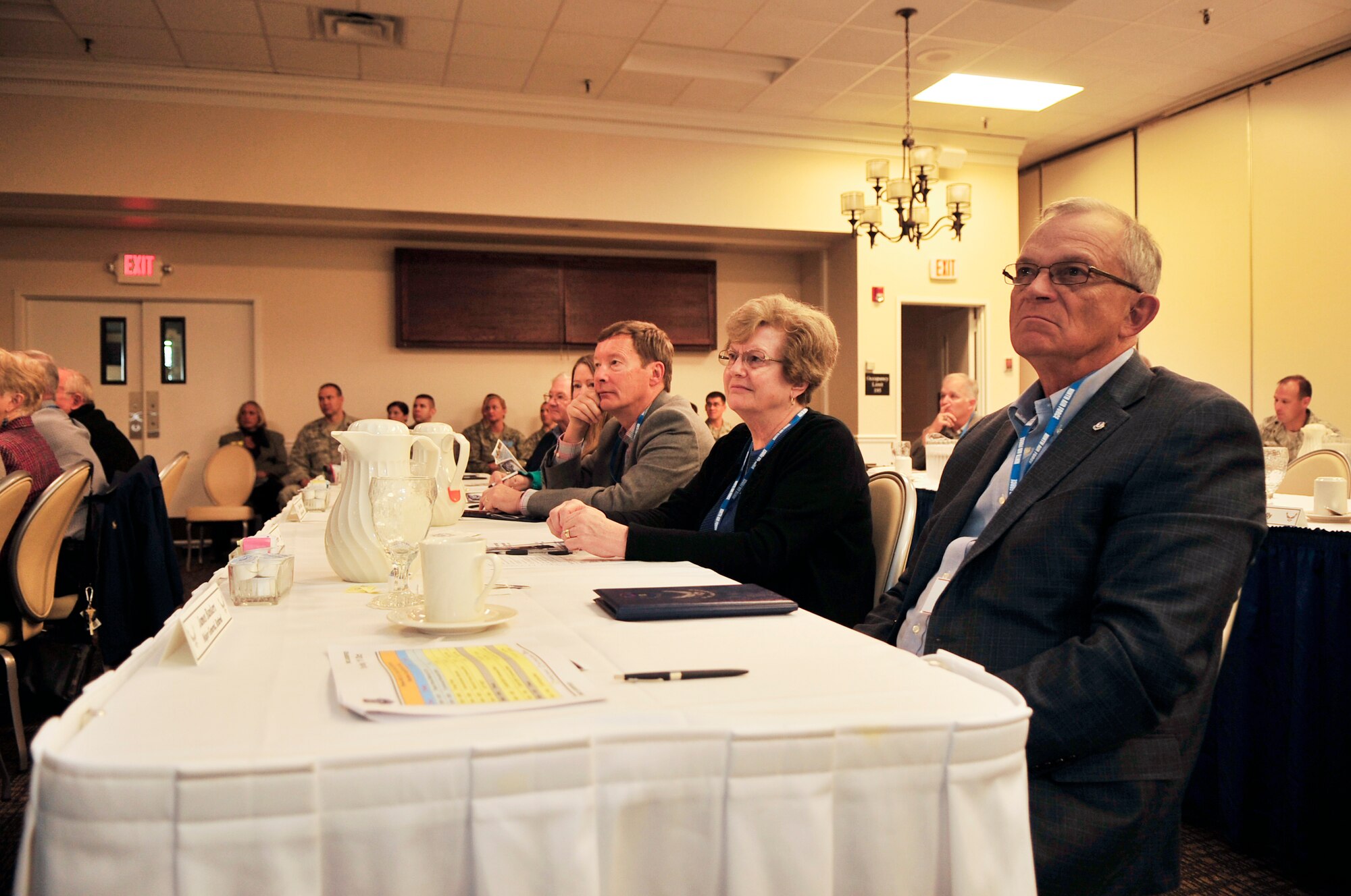 U.S. Air Force retired general officers and their spouses listen to a briefing from U.S. Air Force Maj. Gen. Lawrence Wells, 9th Air Force commander, at the Tri-State Leadership Forum, Shaw Air Force Base, S.C., Oct. 11, 2012.  The retired generals gathered at the Carolina Skies Club and Conference Center for a series of presentations.  They also visited hangar 1200 to view demonstrations and interact with 20th Fighter Wing personnel, and participated in a driving tour of the base. (U.S. Air Force photo by Airman Nicole Sikorski/Released)

